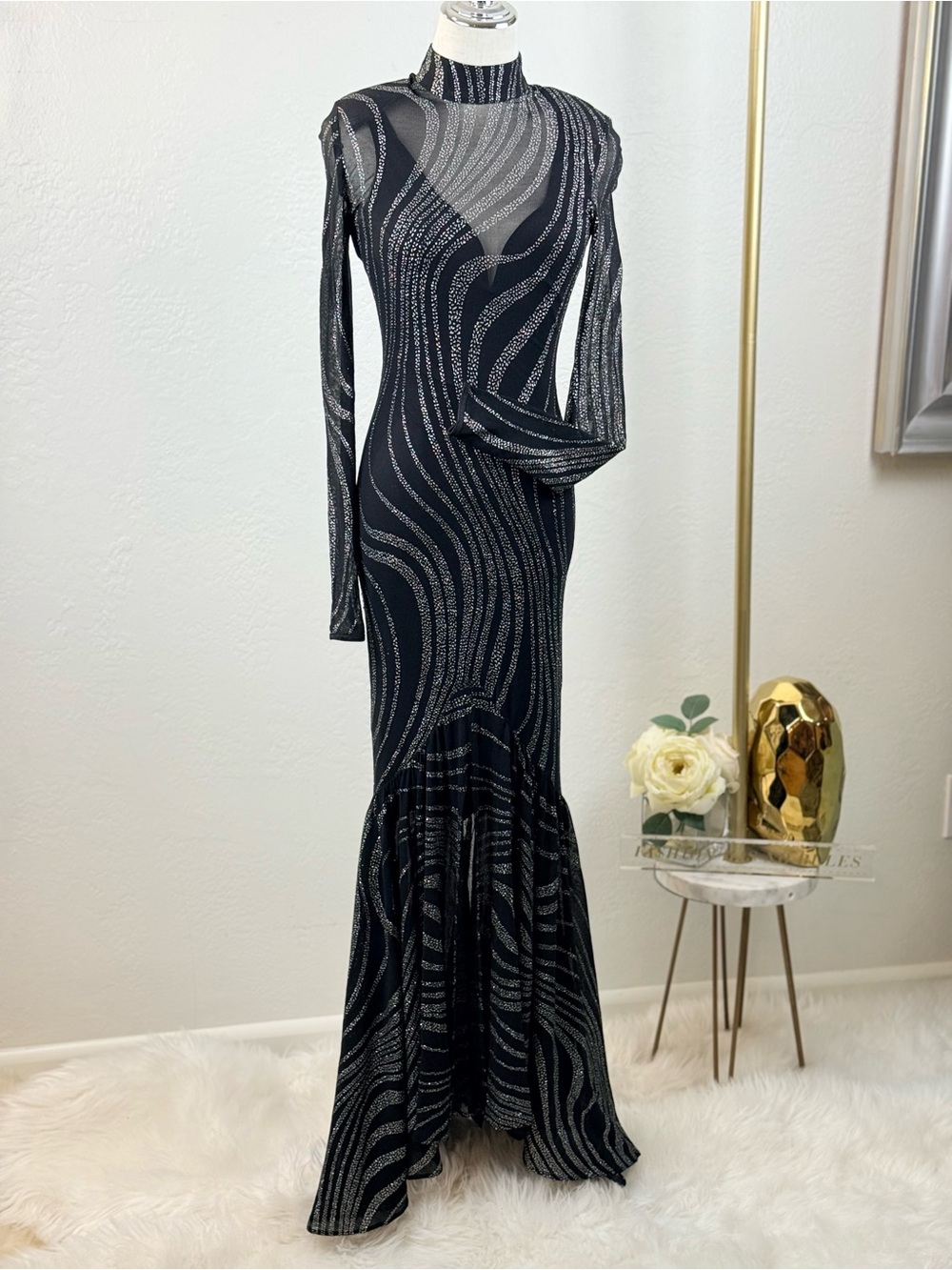 ✨‎ VTG 90s Caché Metallic Silver Whimsigoth Mermaid Maxi Gown Dress Mesh Sheer S